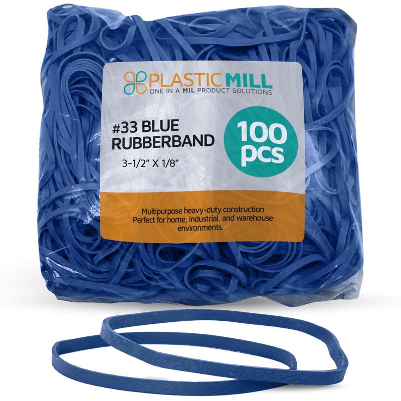 PlasticMill Blue Rubber Bands Size 33 (3 1/2" x 1/8") - #33 Colored Rubber Bands Office Supplies - Strong, Elastic Bands for Crafts, Balloon Garland, Cash, File Folders (100-Pack) - Image 1